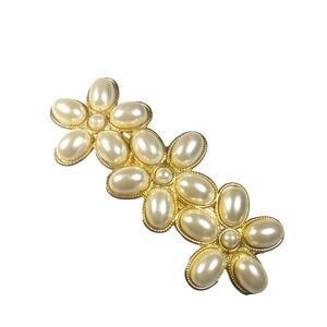 Faux Pearl Flower Gold Tone Hair Barrette Tension Clip Elegant Feminine